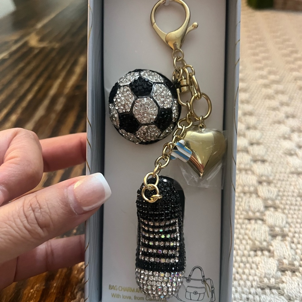 Eye Candy Black and Silver Soccer Keychain with Gold Heart Charm